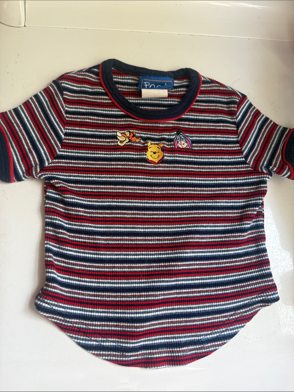 Vintage Striped Red & Blue Kids Crop Tee with Winnie the Pooh Patch